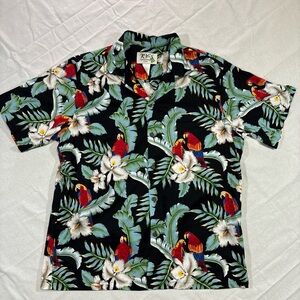 KY’S Hawaiian Shirt, Blk/Red Parot Floral Print, Men’s Large, USA Cruise Wear